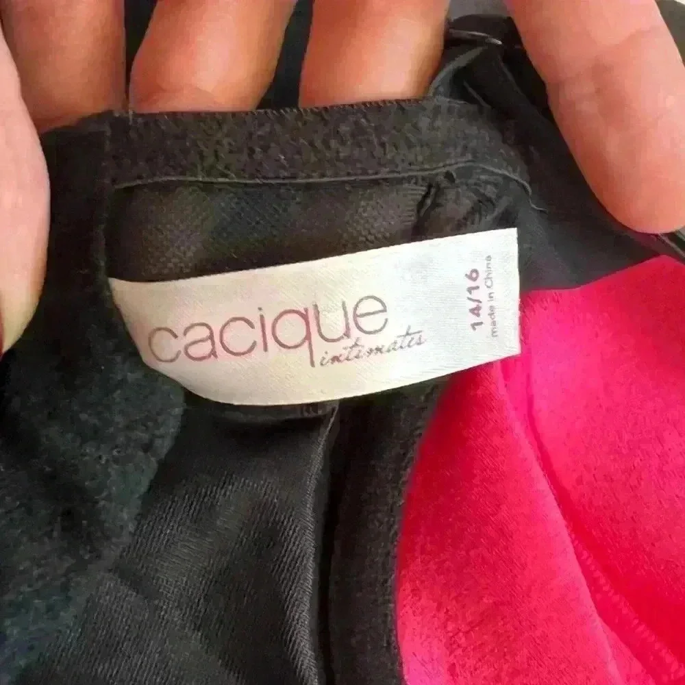 Cacique Corset Top Black Satin Neon Pink with Front Ribbon 14/16